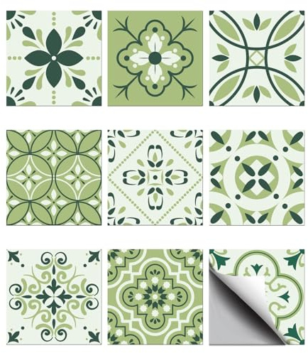 CHGCRAFT 36Pz 9 Stili Modello arabo bianco verde piastrelle adesivi impermeabile piastrelle adesivi quadrati con motivo floreale per la decorazione della cucina, verde mare scuro, 3,9 × 3,9 pollici