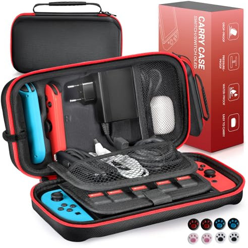Euqvunn Étui pour Nintendo Switch/Switch OLED, Étui Rigide Protecteur pour la Console Nintendo Switch et Ses Accessoires, Adapté pour Joy-Con & Adaptateur Secteur, avec 8 Capuchons de joystick