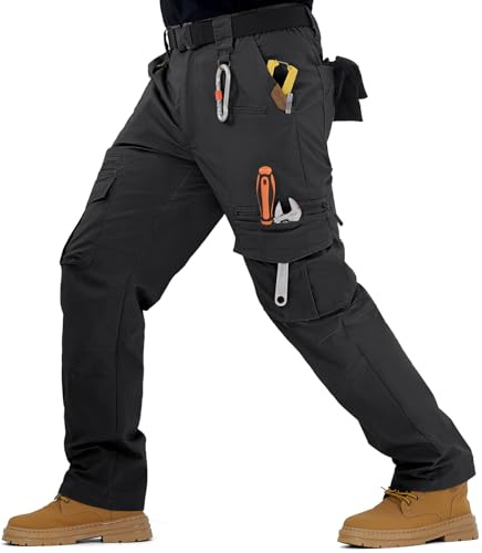 IGOLUMON Men's Stretch Tactical Pants, Breathable Ripstop Cargo Work Pants Outdoor Lightweight EDC Work Hiking Pants with 12 Pockets Black