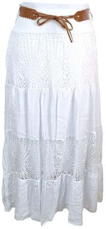 Kiran Fashion New Italian Boho Long Maxi Summer Belted Skirt Lace Gypsy Beach Holiday (UK, Alpha, One Size, Regular, Regular, White)