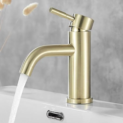 Brushed Brass Bathroom Sink Tap Round Mixers Washroom Cloakroom Taps Single Lever Stainless Steel