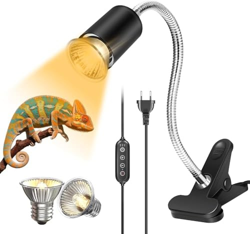 yotutun Wärmelampe Schildkröten, Reptilien Heizlampe Terrarium Lampe mit Timer UVA UVB Lampe mit 2 Basking Spot Glühbirnen E27 Lampenfassung für Schildkröte Eidechse (Schwarz, Birnen 50W x 2)