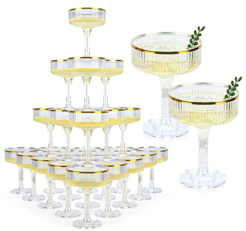 48 Pack Clear Champagne Tower Glasses 7 Oz Champagne Flutes Plastic Champagne Coupe Glasses With Gold Rim Disposable Martini Glass Stackable Stemmed Coupe Glass for Weddings Birthday Party(48, Clear)