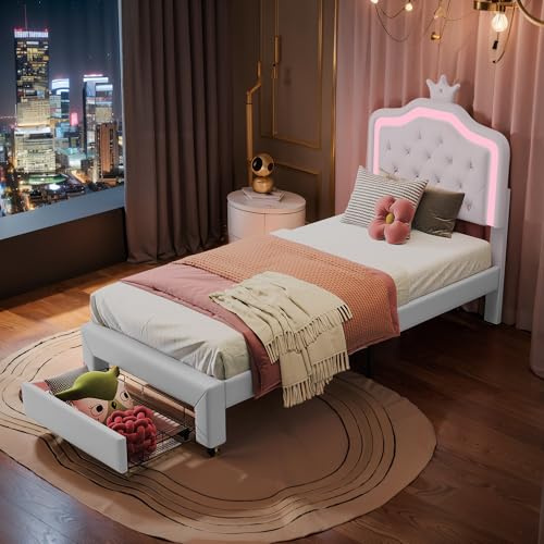 Lit Enfant Fille 90x200 cm Princesse - Lit Simple en PU-Cuir Blanc avec Tête de Lit Couronne Lumineuse LED et Tiroir de Rangement, Cadre de Lit Rembourré Facile à Nettoyer avec Sommier à Lattes coffre
