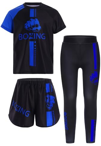 Eandarui Kinder Junge Kampfsport Anzug Kurzarm Sport Shirt + Muay Thai Kick Boxshorts + Wush Hose Trainingshose Kampfausrüstung Uniform Blau 158-164