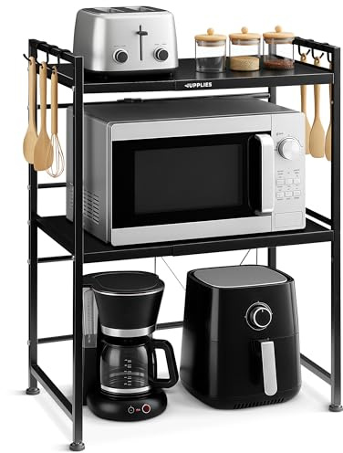 JUPPLIES Soporte Microondas 77,5×39×36,2 cm – Estantería Microondas Extensible 39–60 cm – Mueble Microondas Cocina de Acero Antióxido con 8 Ganchos – Estante Reforzado de Alta Capacidad para Encimera