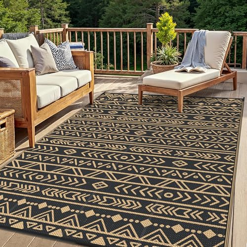 GENIMO Tappeto da Esterno 6x9 FT (183x274 cm) Design Boemo Nero e Marrone, Impermeabile Reversibile per Giardino, Terrazza, Eventi – Grande Formato