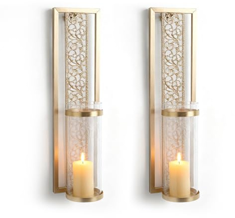 YUEHISY 2pcs Wall Candle Sconces, Wall Mounted Holders with Transparent Glass, Easy Installation, for Living Room Bedroom Bathroom Decor (Gold)