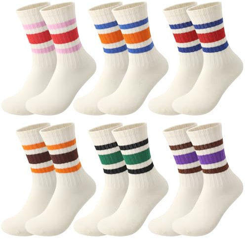 Halinuia 6 Paires Chaussettes Femme, Chaussette Sport Coton, Chaussettes Tennis Respirantes Femmes, chaussette rétro rayées pour Tennis Athletic Running Randonnée Marche, EU 35-39