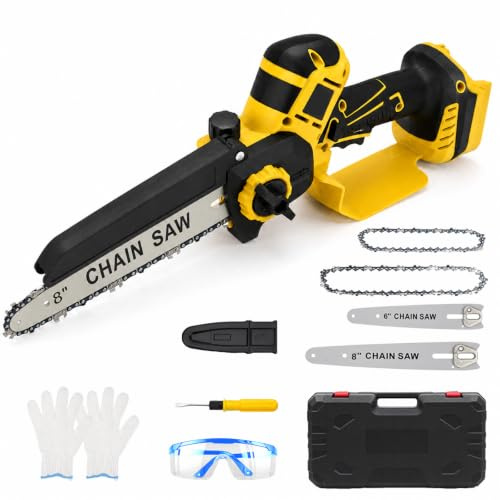 Borstlös Mini Motorsåg 15 och 20 cm (6 och 8 tum) – Elektrisk Astsåg Kompatibel med DEWALT 18 V-batteri, 2 x Skiva + 3 x Kedja, Förbättrad Smörjning – Perfekt för Trädgård & Trä (Utan Batteri, Gul)