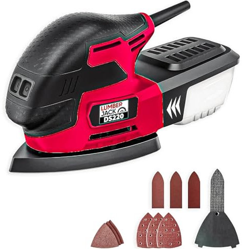LUMBER JACK DS220 220W Detail Palm Sander with Dust Extraction, Ergonomic Handle, Quick Sandpaper Change, and Versatile Sanding Pads, Compact, Lightweight, Ideal for Corners & Detailing