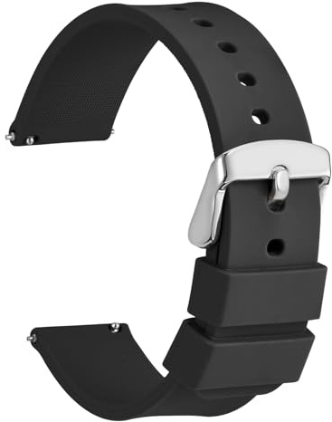 WOCCI 22mm Silikon Gummi Uhrenarmband mit Silberner Schnalle, Schnellverschluss Armband für Damen und Herren (Schwarz)