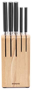 Brabantia 5 Knives Knife Block with Dark Grey Handled Knives & Slotted Beech Wood Countertop Organiser - 6-Piece Set Includes Chef, Bread, Carving, Utility, Pairing Knife Set & Knife Block
