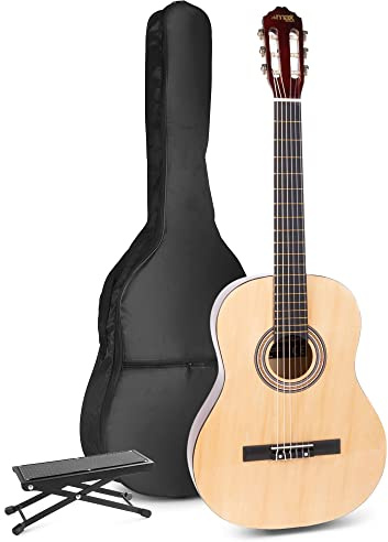 MAX SoloArt Guitare Acoustique Classique avec Repose-Pied - Bois, Idéal pour Débuter la Guitare
