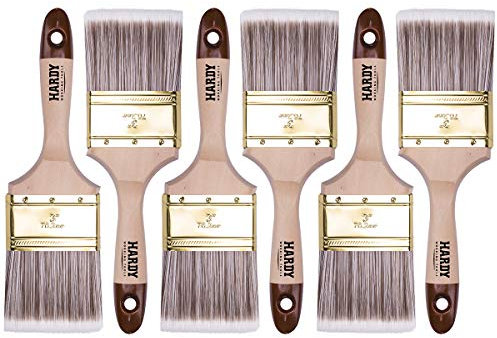 HARDY WORKING TOOLS Juego de 6 brochas Planas de 75 mm – Serie 45 – Fibras sintéticas, Mango de Madera Natural, virola de Acero – para Pintura, Barniz, Aceite e impregnación sobre Madera