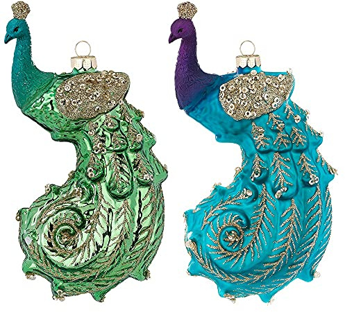 Inge-glas Christbaumschmuck Glas Pfau 15cm x 1 Stück Sortiert Vögel mit Glitzer Weihnachtskugeln türkis grün
