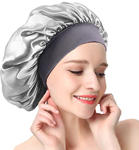 Gorro de Dormir de Satén Gorra de Noche de Banda Ancha Elástica Cubierta de Cabeza, Gorro para Dormir Pelo Rizado Ajustable Doble Capa Sombrero Suave para Mujeres y Chicas