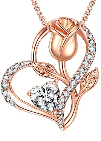 Praelinos Love Heart Necklace for Women 18K Rose Gold Plated Rose Flower Silver Tone 5A Cubic Zirconia Pendant Anniversary Mother's Day Birthday Jewellery for Her Mum Daughter Wife Girls Gift