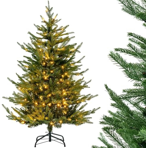 COSTWAY Konstgjord Julgran 136 cm med 180 Varmvita LED-lampor – Gångjärnsförsedd med 8 Belysningslägen, Realistisk Dekoration av PE och PVC, Stabil Metallstativ för Hem, Kontor och Butik