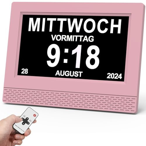 SINOIDEAS Digitaler Wecker, Digitaler Kalender, Demenzuhr für Senioren mit Benutzerdefinierten Erinnerungen (Pink, 7 Zoll)
