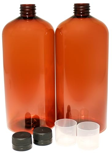 2 x brun, 1 liter laboratorieflaskor av PET med rund hals, vitt skruvlock och 20 ml mätkopp | flytande flaska | pet-flaska | Plastflaska för kosmetika, livsmedel och vätskor
