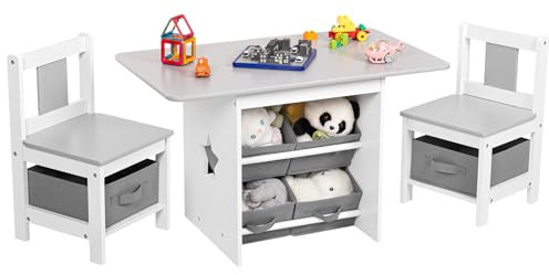 Vilaxing Kids Table and Chair Set (2 Chairs Included), Wooden Toddler Desk Group with 6 Storage Bins Boxes, Children's Furniture, Water Resistant (Gray)