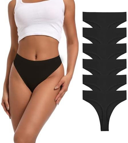 Auithery High Waist Thong Plus Size Thongs for Women Ribbed Cotton Panties Underwear Black Size 3XL Pack 6
