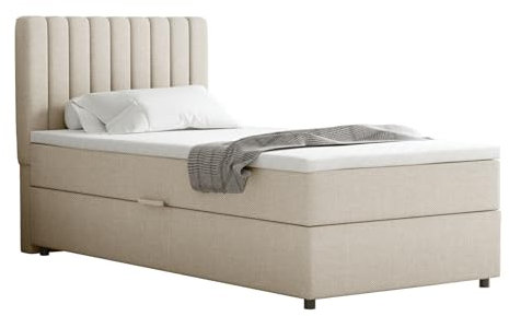 Boxspringbett Everest, 90x200 Polsterbett mit Bettkasten und Topper - beige