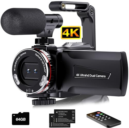 Videokamera 4K 64MP Camcorder Vlogging Kamera für YouTube,21X Digital Zoom, 3 270° Drehbarer Screen Video Vlogging Dual Camera mit 64GB Karte, Mikrofon, Stabilisator, Fernbedienung,2 Batterien