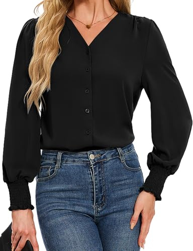 Blusas Mujer Elegantes Camisa Mujer Manga Larga Camisa Abotonada de Manga Farol Túnica con Cuello en V Top Color Liso para Fiesta Informal Oficina