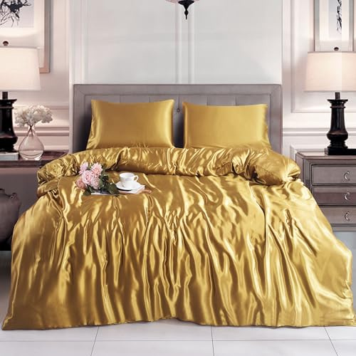 Hadi London Slik Satin Duvet Cover Sets - Luxurious Bedding with Zip Fastening - Soft and Breathable Quilt Cover with 2 Pillowcases - Available in Single, Double, and King Sizes (DULL-GOLD, KING)