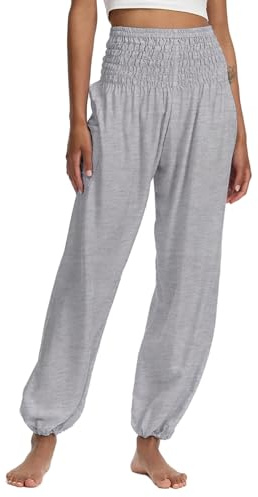 Hanyomo Donna Yoga Harem Baggy Pantaloni Vita Alta con Tasca Fitness Pantaloni Cotone Larghi Allenamento Pantaloni della Tuta Grigio Chiaro L
