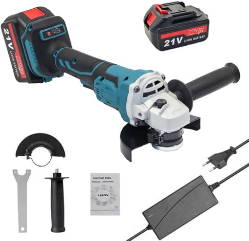 Amoladora Angular, 21V 125mm Herramienta Eléctrica de Rectificado con Motor sin Escobillas para Cortar Azulejos Pulidos Madera Piedra Acero con Dos Baterías de 1500 mAh,azul