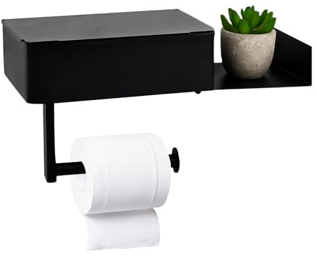 Dewocke Toilet Roll Holder with Shelf, 3 in 1 Toilet Roll Holder With Storage Box, Wall Mounted Self Adhesive Black Stainless Steel Toilet Paper Holder, Toilet Paper Holder for Bathroom Washroom
