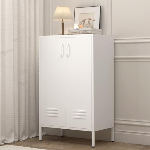 GREATMEET Metal Locker Storage Cabinet, White Accent Storage Cabinet, Metal Pantry Cabinets with Doors,Locker for Living Room,Kitchen,Office