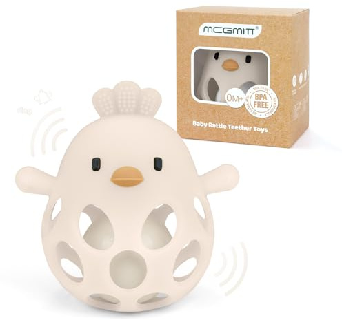 MCGMITT Juguetes Mordedor Montessori Bebés 0-12 Meses, Pollito Mordedor y Sonajero Bebé de Silicona Educativos Pelota Sensorial Fácil de Agarrar, Mordedor Libre de BPA Juguetes Bebes 3 6 9 año, Beige
