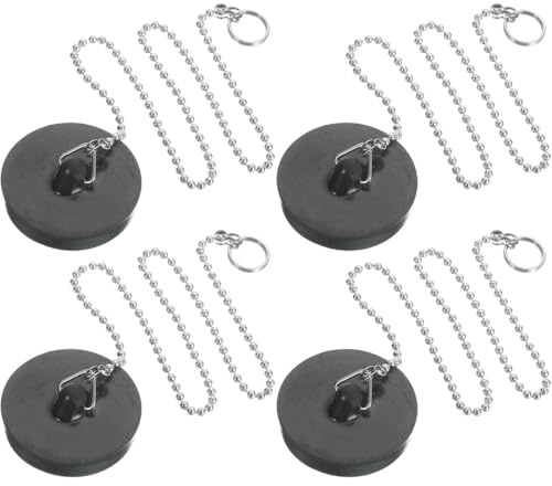 DOKRIN Tapones de desagüe, 4 tapones de desagüe para fregadero de 45 mm con cadena de 10 cm para bañera cocina baño (negro)
