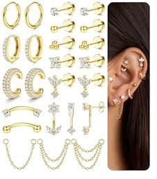 Chriscoco 21Pcs Boucles d'oreilles Femme Piercing Oreille Acier Inoxydable 316L Hypoallergénique Petit Créoles Plaqué Or 14K Boucles d'Oreilles Argent CZ Chaîn Piercing Helix Tragus Cartilage Conch