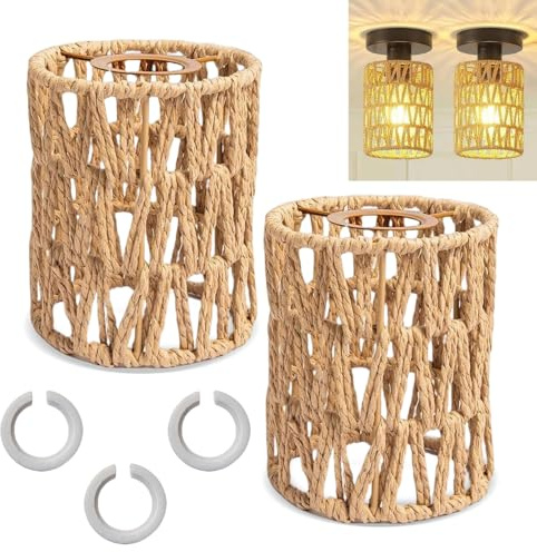 Pantalla Lampara Ratán, 2 Piezas Pantalla Lampara Techo, E27 Pantalla de Ratán Boho, Tulipas de Lamparas con Anillo Adaptador, Ldeal para Lámparas de Pie, de Mesa, Colgantes y de Techo (Marrón)