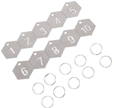 Housoutil Lot de 10 Étiquettes Numérotées en Acier Inoxydable Hexagonales Porte-Clés Métalliques Numérotés 1 à 10 Résistantes à la Corrosion Anneau Renforcé pour Clés Casiers Hôtels