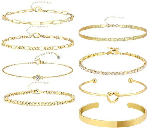 nuneoeuo 8 Pcs Gold Bracelet for Women Set, Fashionable Simple Stackable Gold Jewellery for Women, Adjustable Womens Bracelet Suitable for Parties Daily Life and Gift Giving
