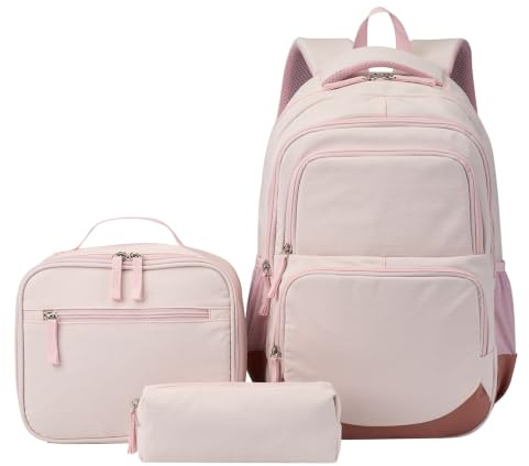 SIVENKE Skolryggsäck flickor tonåringar kvinnor skolväska ryggsäck set skolväskor för flickor skola fritid med lunchpaket väska och pennfodral, Ljusrosa, Skolväskeset