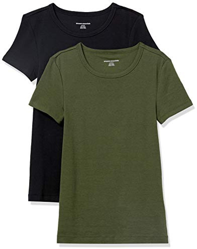 Amazon Essentials Women's Slim-Fit Short-Sleeve Crewneck T-Shirt, Pack of 2, Dark Olive/Black, Large