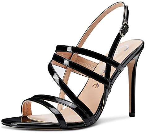 Castamere Womens High Heels Roman Sandals Slingback Stilettos Peep-Toe Ankle-Strap 3.9IN Heels Black Patent Shoes UK 10