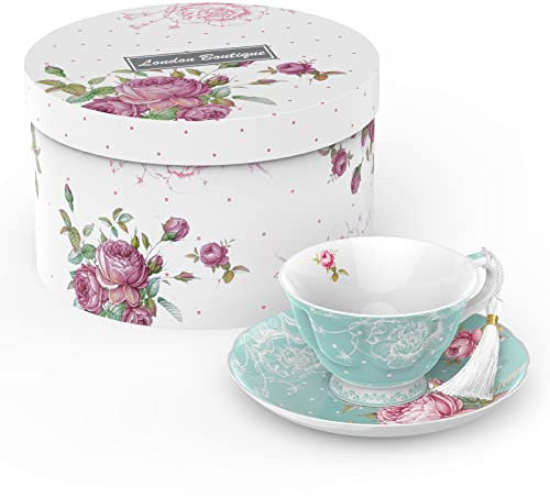 London Boutique Juego de Taza de té y platillo, 1 Juego de té de la Tarde New Bone China Vintage Flora Caja de Regalo 200 m (Turquesa)