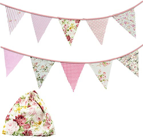 22 Feet Fabric Bunting Banner 24 Pieces Vintage Bunting Pennant Flags Reusable Cotton Triangle Banner Flag Garland for Wedding Birthday Party Baby Shower Home Garden Decoration, Pink
