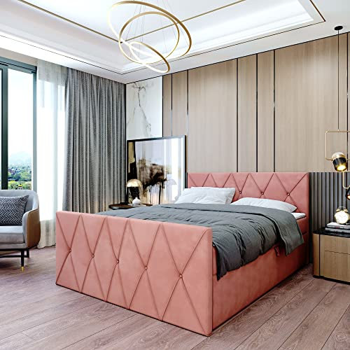 Boxspringbett Doppelbett Clermont - Bett mit Bonellmatratze, mit Bettkasten für Bettwäsche und Topper. Gepolstertes Kopfteil und Fussteil mit Einer eleganten Steppung verziert (Cloud 63, 140x200)