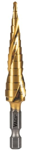 Klein Tools 25964 Step Drill Bit, 1/8 to 1/2-Inch, Spiral Double-Fluted, Cuts Thin Metal, Plastic, Aluminum, Wood, 1/4-Inch Hex Shank, VACO