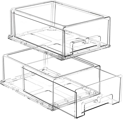 BOICHU 2 Pack Stackable Storage Drawers - Clear Refrigerator Drawers for Refrigerator Organizers and Storage, Acrylic Fridge Drawer Organizer with Handles for Bathroom, Undersink, Cabinet, Pantry, etc