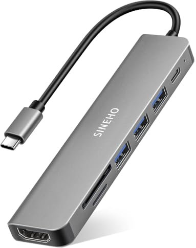 SINEHO HUB USB C 7-IN-1, Adattatore usb c con HDTV 4K, PD 100W, 3 porte dati USB-A, lettore di schede SD/TF – Compatibile con MacBook, Dell XPS, Surface Pro e molto altro